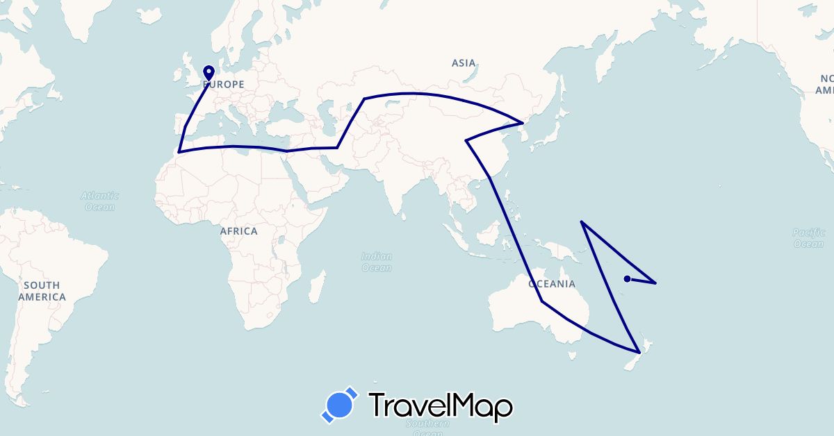 TravelMap itinerary: driving in Australia, Belgium, China, Spain, Fiji, Micronesia, Israel, Iran, North Korea, Kazakhstan, Morocco, Mongolia, New Zealand, Vanuatu (Africa, Asia, Europe, Oceania)
